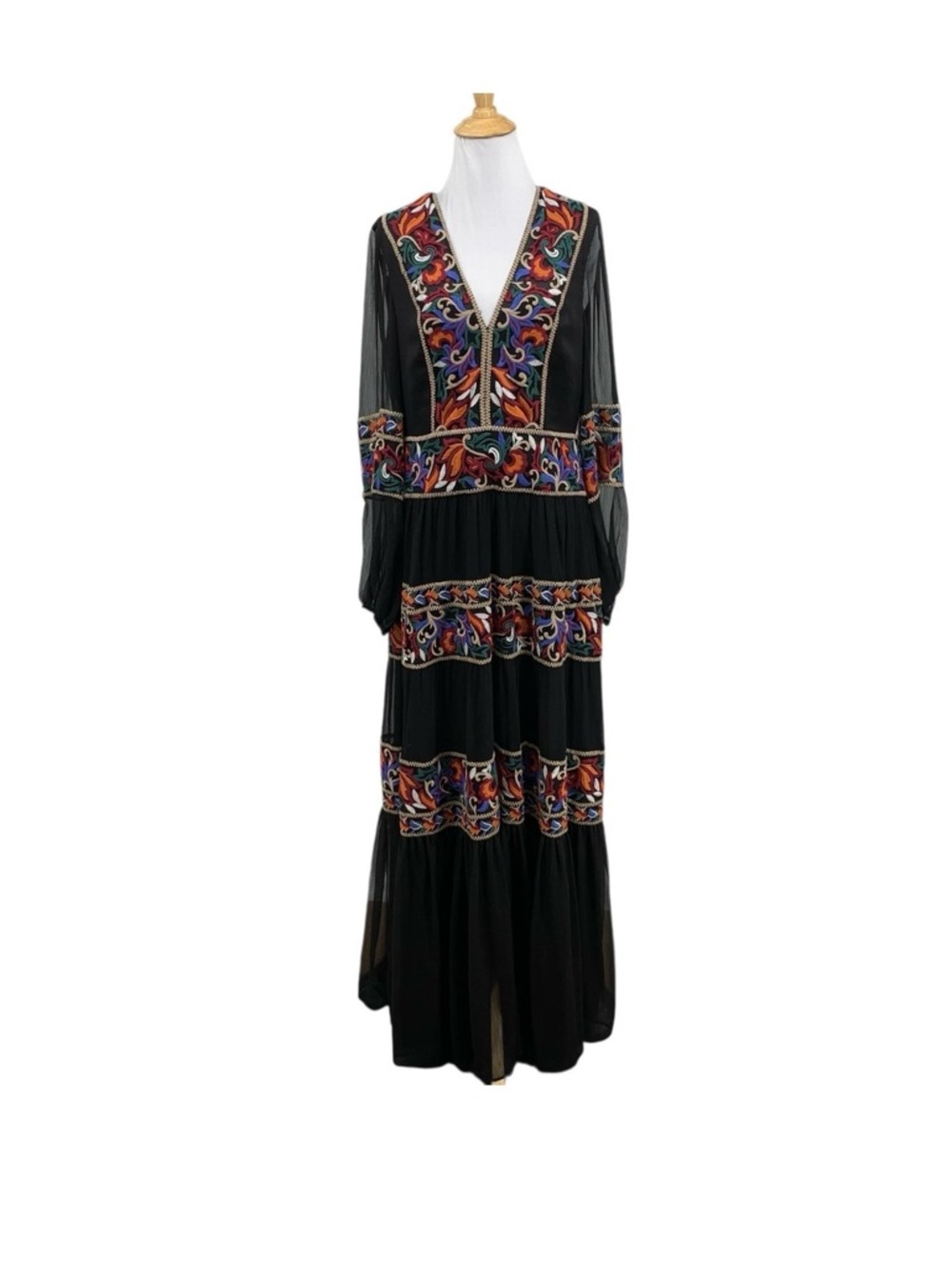 BCBGMaxAzria Black Maxi Dress with Multicolor Embroidery
